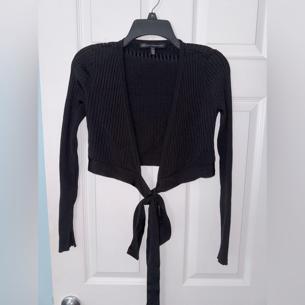 White House Black Market Cropped Ribbed Tie-Front Cardigan | Black | Size Small